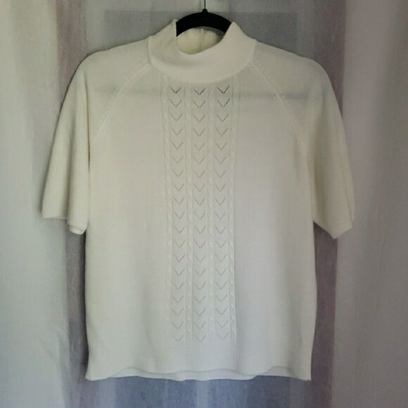 Koret Short Sleeve Sweater Ivory White Back Zipper Preppy Academia Size M - Picture 1 of 10